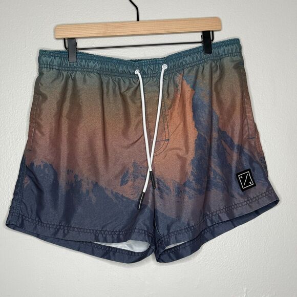 American Eagle Mens Swim Trunks Large Blue Pink Gradient Mountains Beach Resort - Picture 1 of 11